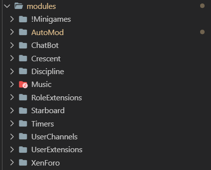 The modules that make up OpalBot. The one prefixed with an exclamation mark is disabled, because I never actually finished it.